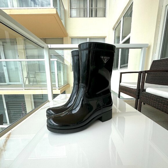 PRADA Black Sport Mid Calf Rubber Rain Boots Women Size 7 - Picture 6 of 12